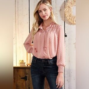 Pink long sleeve Swiss dot peasant shirt hippie shirt - size small